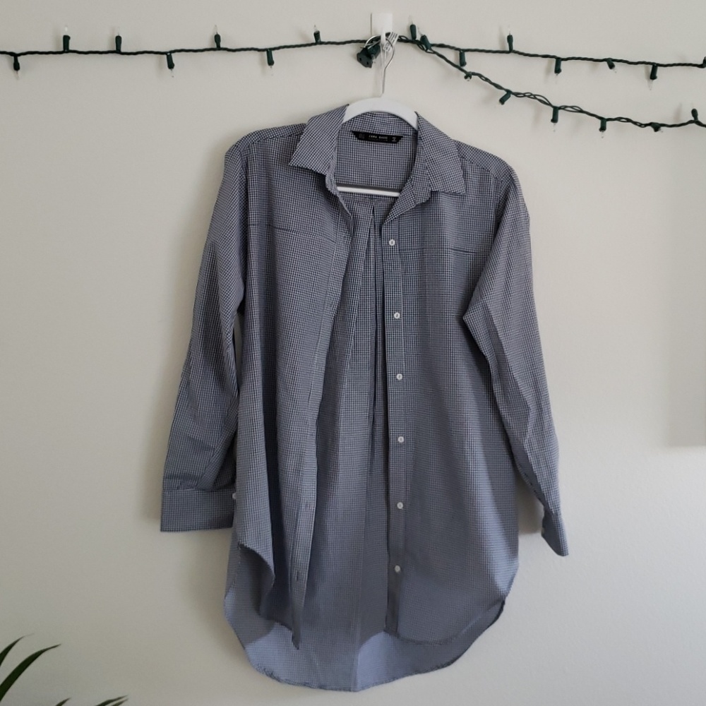 Long blue plaid button down shirt